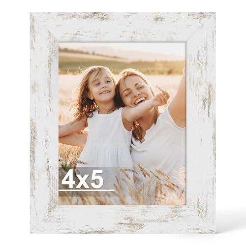 Hongkee 4x5 Picture Frame, Made of Real Glass and Wooden Frame, Horizontal and Vertical Display for Wall or Tabletop (Distressed White, 1 Pack) - color: Distressed White, size: 4X5 in