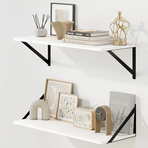 Fun Memories Deep Floating Shelves for Wall, 24W x 8D Wall Mounted Shelves Set of 2, Wide Display Ledge Shelf with Sturdy Metal Brackets for Living Room, Bathroom, Bedroom and Kitchen, White - color: A-white, size: 24"W x 8"D