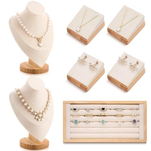 RattanView 7 Pcs Jewelry Display Set for Vendors Velvet Necklace Bust Display Stand Earring Ring Organizer for Craft Shows, Trunk Shows(Beige) - color: Beige