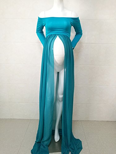 ZIUMUDY Maternity Maxi Chiffon Photography Dress Split Front Gown for Photoshoot - color: Peacock Blue