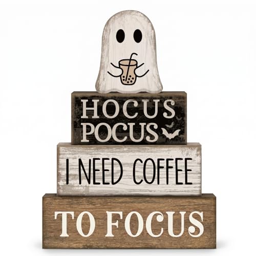 Lineshading 4 Pcs Halloween Table Decor Coffee Ghost Wooden Sign Halloween Tiered Tray Decor Farmhouse Ghost Tabletop Centerpiece Decorative Coffee Bar Block Signs for Home Office Kitchen Shelf - style: Coffee Ghost