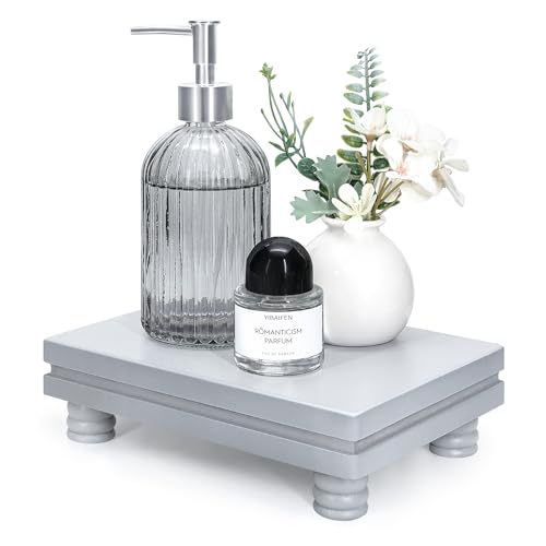 EOSAHR Wooden Tray Pedestal Stand for Home and Kitchen Decor – Decorative Tray for Soap Holder & Bathroom Essentials – Multi-Functional Bathroom Counter Organizer (Grey) - color: Gray