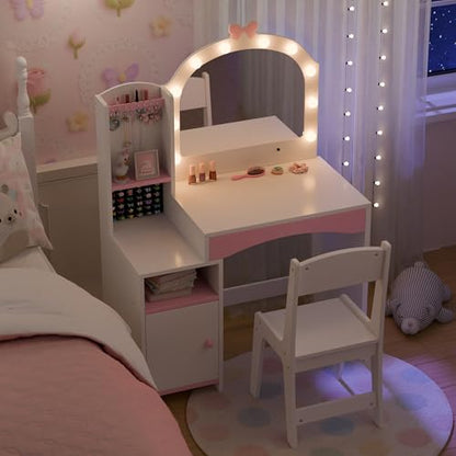 Girls Vanity Table and Chair Set, Kids Vanity with Jewelry Organizer for Princess, Toddler Makeup Vanity Desk with Open Shelf, Closed Cabinet and Butterfly Pattern, White - color: White