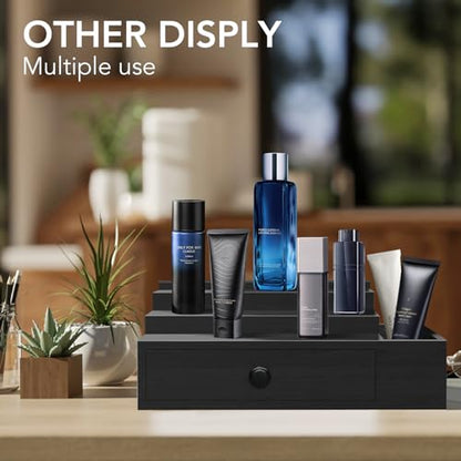 Cologne Stand Organizer for Men, 3 Tier Cologne Display Shelf with Velvet Lining Drawer and Compartments for Watch, Jewelry, Perfume Display Risers for Cologne, Great Gift for Father