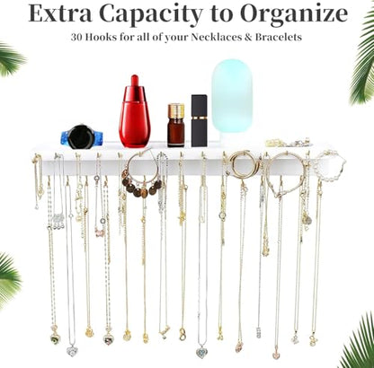 YYILIS Necklace Holder, Upgraded Extra Large Wall Necklace Organizer with 30 Hooks Wall Mounted Necklace Hanger with Jewelry Tray/Cosmetics Shelf Rustic Pine Wood Holder (White) - color: White