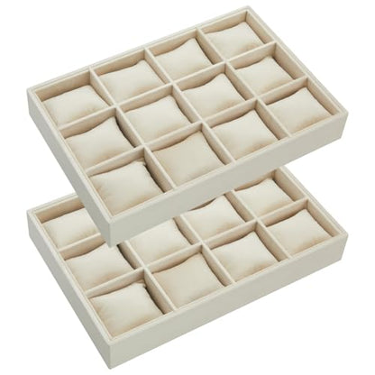 Henoyso 2 Pieces 12 Grid Velvet Watch Tray Jewelry Organizer Stackable Watch Bracelet Bangle Display Holder Adjustable Pillow(Beige) - color: Beige, size: 12 Grid