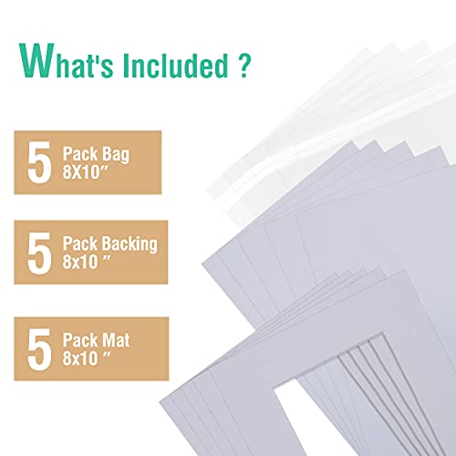 Acid-Free 5 Pack 8x10 Pre-Cut Mat Board Show Kit for 5x7 Photos, Prints or Artworks, 5 Core Bevel Cut Matts and 5 Backing Boards and 5 Crystal Plastic Bags, White - size: 8x10-5 Pack