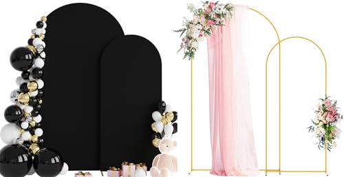 Wokceer Wedding Arch Backdrop Stand and Cover Set of 2 Metal Arch Stand with Arch Cover Black 7.2FT, 6FT for Birthday Party Wedding Ceremony Bridal Baby Shower Event Decor - color: Black