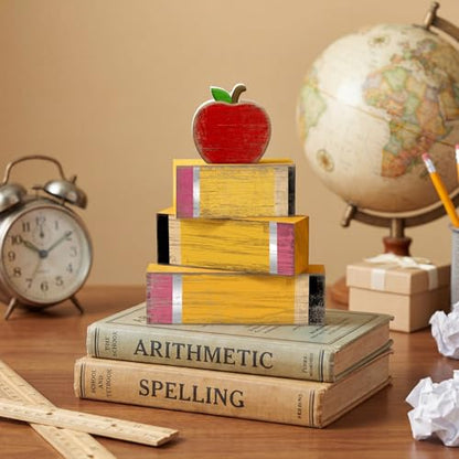 Lineshading 4 Pcs Back to School Table Decorations Retro Red Apples Decor Back to School Tiered Tray Decor Apple Centerpieces Rustic Wood Pencil Block Stack Sign Farmhouse Gifts for Home Shelf Mantel - style: Apple