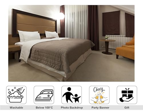 8x5ft Modern Hotel Bedroom Backdrop Cozy Neutral Tone Interior View Photography Background for Party Home Decor Themed Event Decorations Tapestry Photo Booth Props - size: 8x5ft