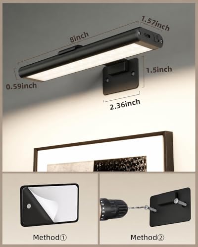 EZVALO Picture Light for Wall, Rechargeable 2400mAh Battery Lights Wireless with IR Remote, 3 Color & Dimmable Magnetic 7.8'' LED Lights Display for Painting, Living Room, Gallery, Bedroom(Black-3P) - color: Black, size: 3Pack-7.8in