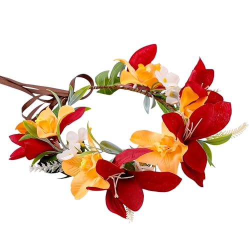 Hawaiian Leis Flower Crown, Tropical Floral Headband, Artificial Hawaii Floral Headpiece with Ribbon, Lei Hula Dance Dress Up Accessory for Girls Women Summer Beach Pool Party Supplies - color: Red-Orange