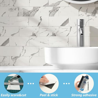 Art3d 102-Piece Faux Stone Peel and Stick Backsplash Tile, Waterproof Thick PVC Stick On Subway Wall Tile for Kitchen Bathroom Laundry Room Fireplace - 3" x 6" Gray Marble - color: Gray Marble