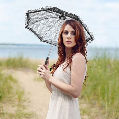 Ipetboom Vintage Black Lace Umbrella for Gothic Costume | Romantic Wedding Parasol & Photo Prop | Elegant Handheld Accessory with Sturdy Iron Frame
