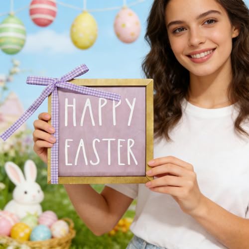 Happy Easter Wood Plaque 6x6 Inch - Purple Square Leaner Sign for Tiered Tray Decor - Lightweight Thin Wooden Prop with Gingham Ribbon Bow for Shelf Styling, Spring Basket Filler (No Stand)