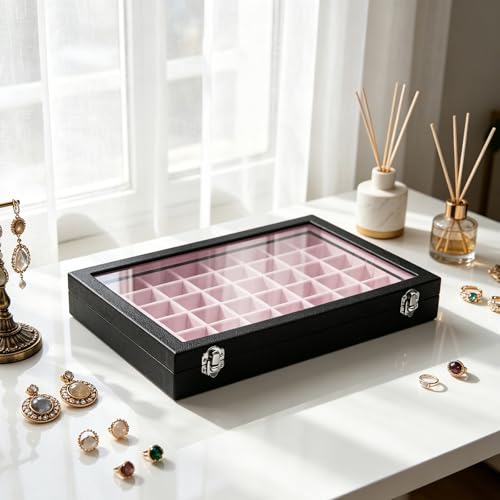 Stratalife Jewelry Organizer 48 Grid Jewelry Tray with Clear Lid Dust-proof Velvet Earring Organizer Necklace Rings Holder Display Drawer Storage Case for Women Pink Black - color: Pink-Black, size: 48 Grid