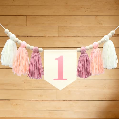 One High Chair Banner Baby First Birthday Party Decorations for girl boy Flower First Birthday Party Decorations (White Pink) - color: White Pink