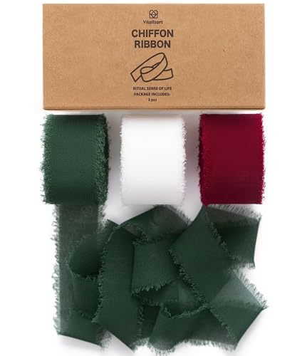 Vitalizart Christmas Ribbon Chiffon Silk Fringes 1" x 21 Yd Fabric Package (3 Rolls * 7 Yd) for Wedding Invitations Bridal Bouquets Decorations Gifts Wrapping & Bow Making Green Red & White - color: Red Green & White