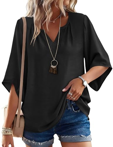LOMON Women's 3/4 Length Sleeve Boho Tops V Neck Casual Vacation Clothes Loose Fit Tunic Shirts S-3XL - color: Black, size: 3X-Large