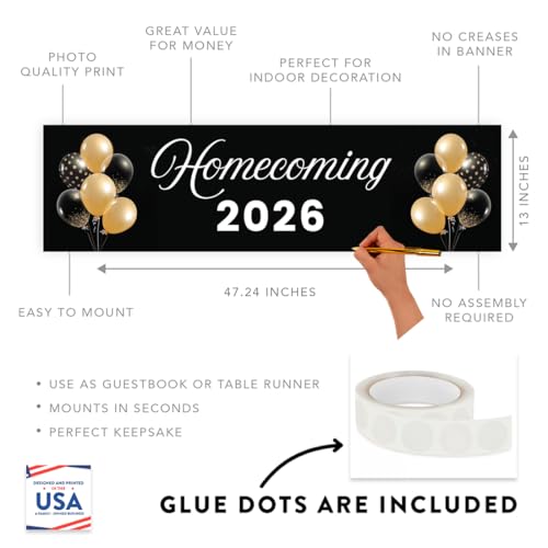 Andaz Press Large Homecoming Decorations 2026, Homecoming Banner with Balloon Design, Black & Gold HOCO Sign Banner with Adhesive Dots, High School Dance HOCO Decorations 2026, 13x48 Inch - color: Homecoming Dance Banner with Balloon Design