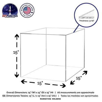 2 Pack 15" Acrylic Display Riser Box with One Open Side Versatile Clear No Lid One Piece Counter or Tabletop Merchandise Storage Bin or Retail Product Throne No Assembly by Marketing Holders - size: 15"w x 15"h