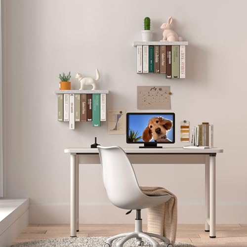 Tohiasen Floating Book Shelves for Wall Mounted Set of 2, Wood Hanging Bookshelf, Book Display Shelf for Wall, Unique Space Saving Book Shelf Wall Book Holder (White) - color: White