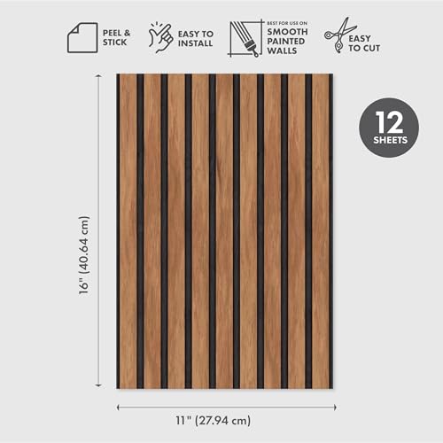 Main Street Peel and Stick Wallpaper Eco-Friendly Sheets 12 Pack, 11 X 16 Inch Wood Slat Panel Design, Wall Mural for Home Decor, Removable Wall Decor Wallpaper Peel and Stick for DIY Projects - style: Wood Slat Panel Design