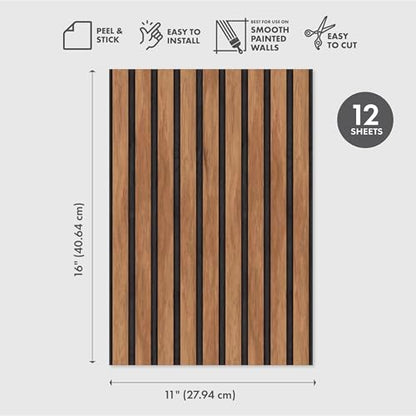 Main Street Peel and Stick Wallpaper Eco-Friendly Sheets 12 Pack, 11 X 16 Inch Wood Slat Panel Design, Wall Mural for Home Decor, Removable Wall Decor Wallpaper Peel and Stick for DIY Projects - style: Wood Slat Panel Design