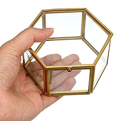 Hipiwe Preserved Flower Glass Box, Hexagon Glass Jewelry Decorative Bin, Ornate Trinket Display Organizer Case Keepsake Box Gift for Women