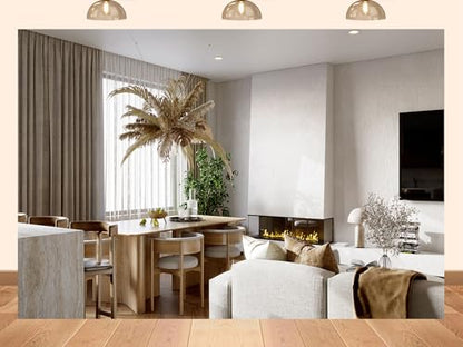17x10ft Fabric Photography Backdrop, Mid-Century Modern Living Room with Wooden Furniture and Fireplace, Neutral Tones Interior Design for Meeting Video Background Photoshoot Studio Props - size: 17x10ft