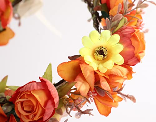 Wedding Floral Crown Women Floral Headband Flower Halo Flower Crown Bridal Party Cosplay Halloween Costume Photos - color: light orange