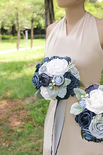 Lookein Set of 4 Bridesmaid Bouquet 7 Inch Artificial Flowers/ Bridal Bouquet Tossing Bouquet for Wedding Ceremony Anniversary Bridal Shower, Classic Navy Blue - color: 7" Classic Navy Blue