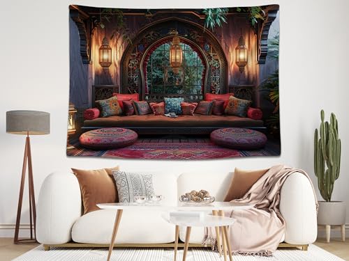 12x8ft Retro Living Room Backdrop Moroccan Exotic Lounge Luxury Interior Background for Bohemian Theme Party Cultural Events Birthday Party Decor Photo Studio Booth Props Banner Wallpapers - size: 12x8FT