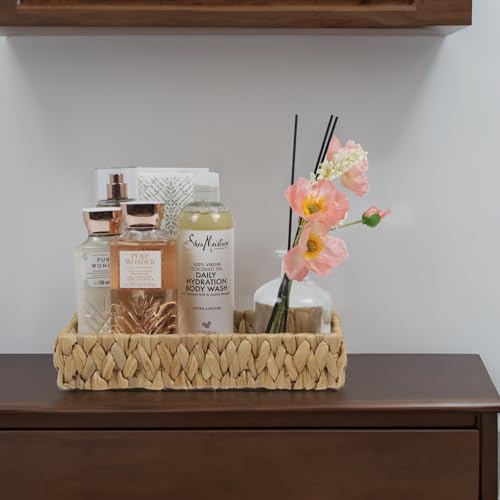 Bathroom Tray, 11 Inch Water Hyacinth Vanity Tray with Handle, Small Wicker Basket for Bathroom Toilet Tank Countertop, Wicker Bathroom Trays for Counter Decor - size: 11.1" x 7.1" x 2.2"
