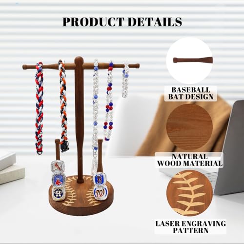 rain bunny Wooden Baseball or Softball Drip Necklace Organizer Holder, Championship Ring Display Holder, Softball Ring Holder, Drip Necklace Baseball Display Gift (Walnut Round Base) - color: Walnu Round Base