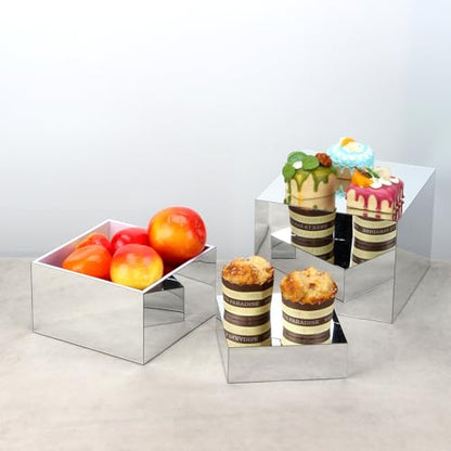 Acrylic Silver Mirror Display Riser, 3 Pcs Glossy Silver Risers for Display Food Display Lifter Nesting Display Risers Hollow Bottom, Acrylic Box Rack Perfume Cosmetics Collection Stand - color: Silver