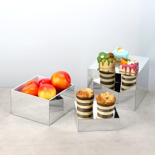 Acrylic Silver Mirror Display Riser, 3 Pcs Glossy Silver Risers for Display Food Display Lifter Nesting Display Risers Hollow Bottom, Acrylic Box Rack Perfume Cosmetics Collection Stand - color: Silver