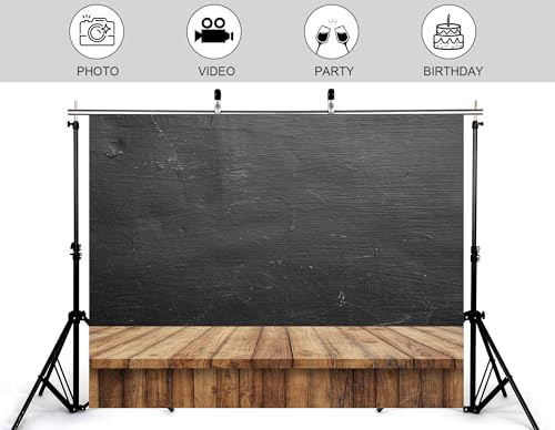 12x8ft Dark Chalkboard Backdrop Scratched Black Surface with Light Wood Table Photography Background for Classroom Theme and Food Styling Tapestry Decorations Banner Photo Booth Props - size: 12x8ft