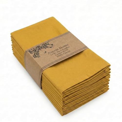 Accent Home 100% Cotton Napkins, Delicate Cloth Napkins for Dinners, Parties and Weddings，18 x 18 Inch Set of 12 - Mustard - color: 02 - Mustard - Twill, size: 18"x18" - Pack of 12