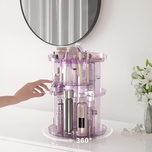 Rotating Makeup Organizer for Vanity, DIY Adjustable Tray Spinning Skincare Organizers Countertop, Cosmetic Display Case with Perfume Tray Brush Holder, Bathroom Desk Corner Storage Carousel Rack - color: Clear Purple