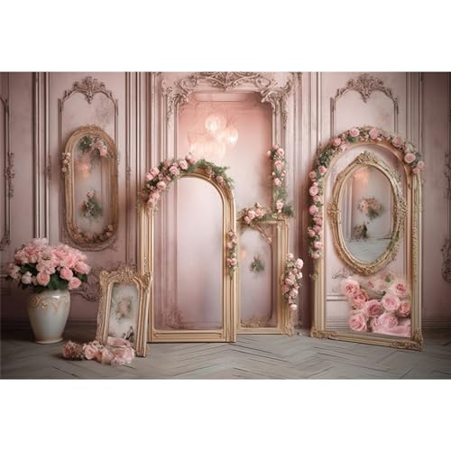 YongFoto European Retro Elegant Room Interior Wall Backdrop 6x4ft French Arched Oil Painting Frame Floral Vase Garland Photography Background Wedding Party Home Art Decor Portrait Photoshoot Props - color: Pink, size: 6ftx4ft