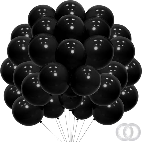 Black Balloons - 12 inch 100pcs Latex - Round Matte Black Birthday Balloon with 2 Ribbons, Helium Balloons for Birthday Party, Halloween,Graduation,Wedding,Anniversary,Baby Shower Decorations - color: Black, size: 12 Inch 100PCS
