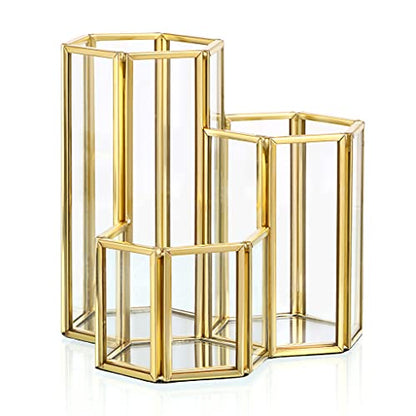 Hipiwe 3 Slots Glass Makeup Brush Holder - Gold Hexagon Cosmetics Brush Eyeliners Display Cup Home Decorative Makeup Organizer Desktop Pen/Pencil Pot Holder for Office - style: 3-Slot Hexagon,Gold