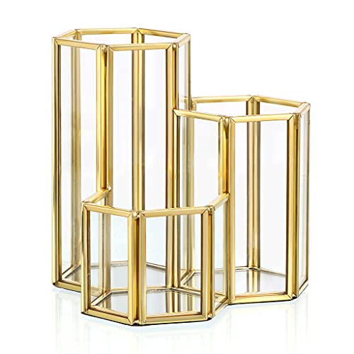Hipiwe 3 Slots Glass Makeup Brush Holder - Gold Hexagon Cosmetics Brush Eyeliners Display Cup Home Decorative Makeup Organizer Desktop Pen/Pencil Pot Holder for Office - style: 3-Slot Hexagon,Gold