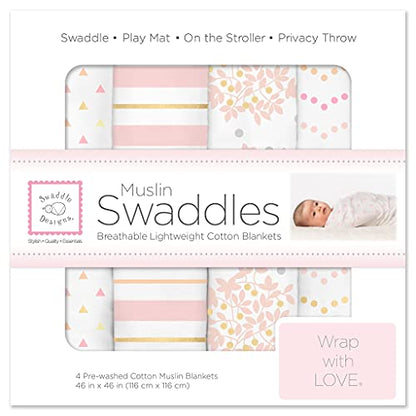 SwaddleDesigns Cotton Muslin Swaddle Blankets, Set of 4, Receiving Blankets for Baby Boys & Girls, Best Shower Gift, 46x46 inches, Pink Floral - color: Pink Floral