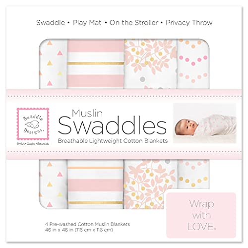 SwaddleDesigns Cotton Muslin Swaddle Blankets, Set of 4, Receiving Blankets for Baby Boys & Girls, Best Shower Gift, 46x46 inches, Pink Floral - color: Pink Floral