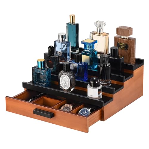 Perfume Organizer for Men, 4 Tier Wood Perfume Display Stand with Velvet Lining Drawer and Hidden Compartment for Watch,Jewelry,Perfume Display Risers,A Gift for Men (Black+Walnut) - style: 4 Tier - BlackWalnut