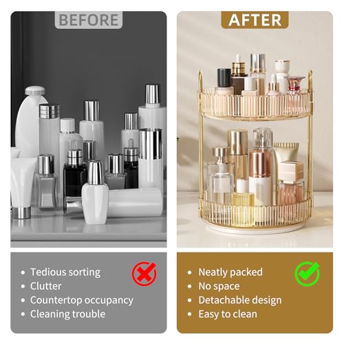 360° Rotating Makeup Organizer, Large Capacity Skincare Organizer, 2 Tier Cosmetic Skin Care Perfume Dresser Organizer, Fits Cosmetics, Perfume, Skin Care, Lipstick - color: Golden, size: 2 Tier