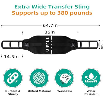 Transfer Sling, Gait Belt Transfer Belt with Padded Handles for Patient Lift Assist & Mobility Standing - Safely Move Elderly and Disabled from Bed and Wheelchair - color: Black