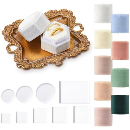 Cinnvoice 20 Piece Flat Lay Photography Props Set for Jewelry & Wedding Details, Vintage Jewelry Tray, Acrylic Display Blocks, Velvet Ring Box & Styling Fabrics